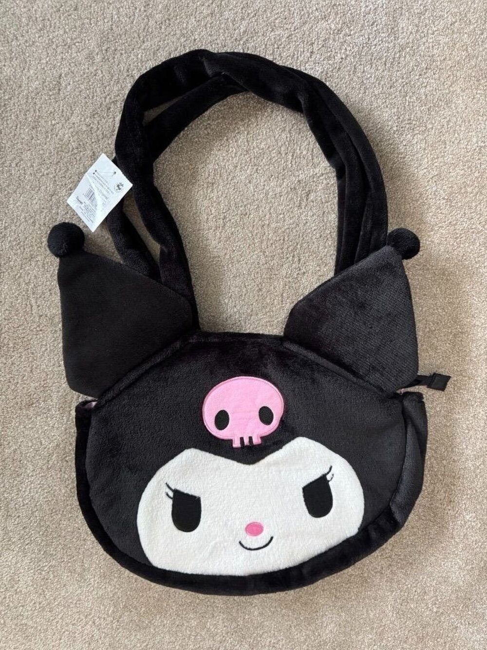 Sanrio Kuromi Big Face Plush Tote Bag Black Fluffy Shoulder Bag Japan Kawaii